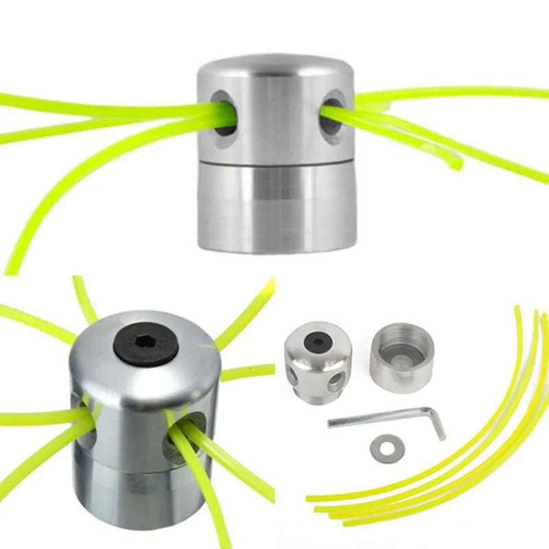 Silver aluminium lawn mower trimmer head replacement kit with four light yellow grass strings and fitting wrench