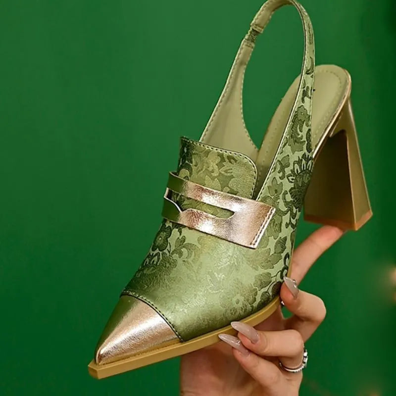 Korean style printed high heels with chunky heel and pointed-toe design in black, champagne and green colours