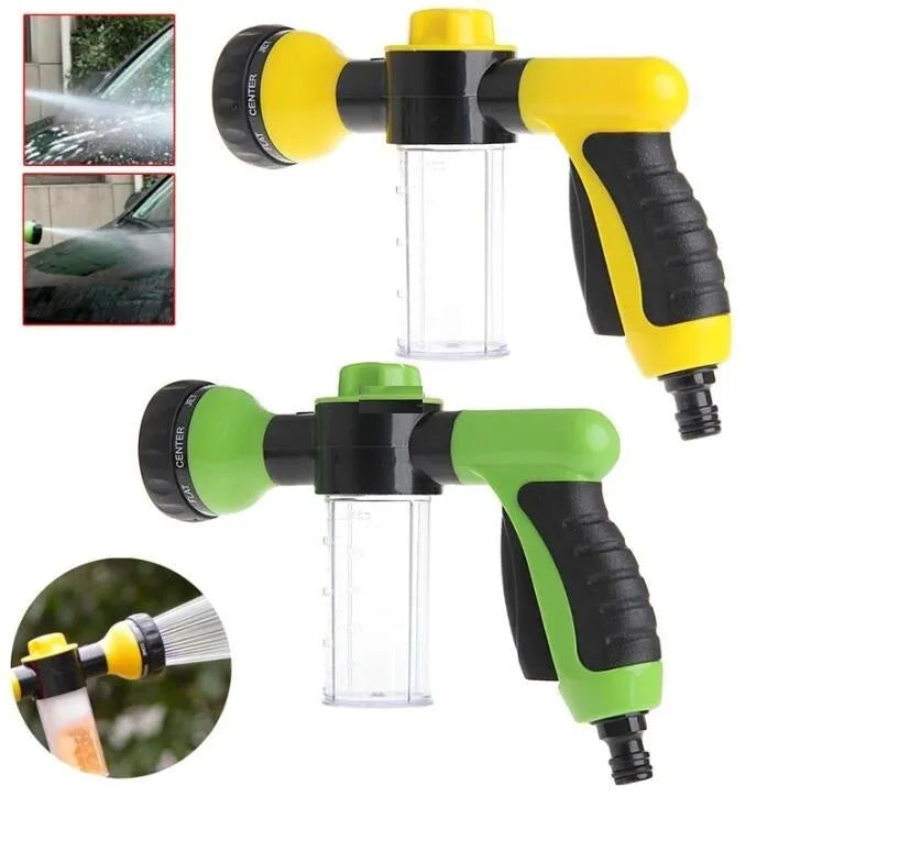 Green high-pressure foam spray gun with adjustable nozzle for car and household cleaning.