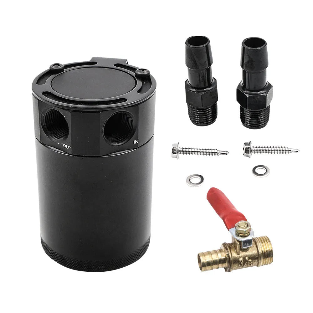 Aluminium automotive oil can with two-hole design in black or silver
