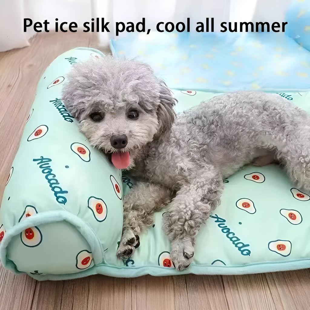 Blue cooling dog mat on floor with small dog lying on it, breathable ice silk cotton surface