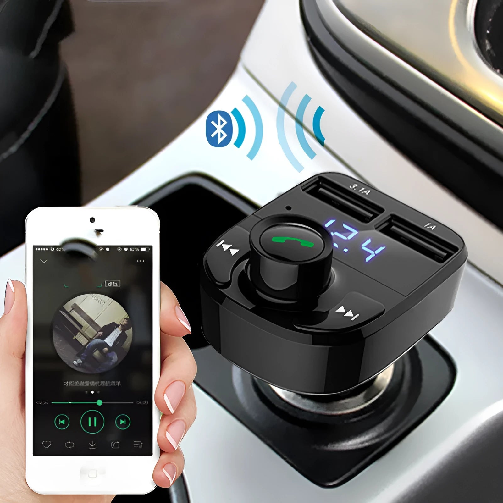 HY82 car Bluetooth FM transmitter with dual USB charging ports for hands-free calls and music streaming