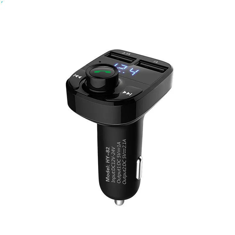 HY82 car Bluetooth FM transmitter with dual USB charging ports for hands-free calls and music streaming
