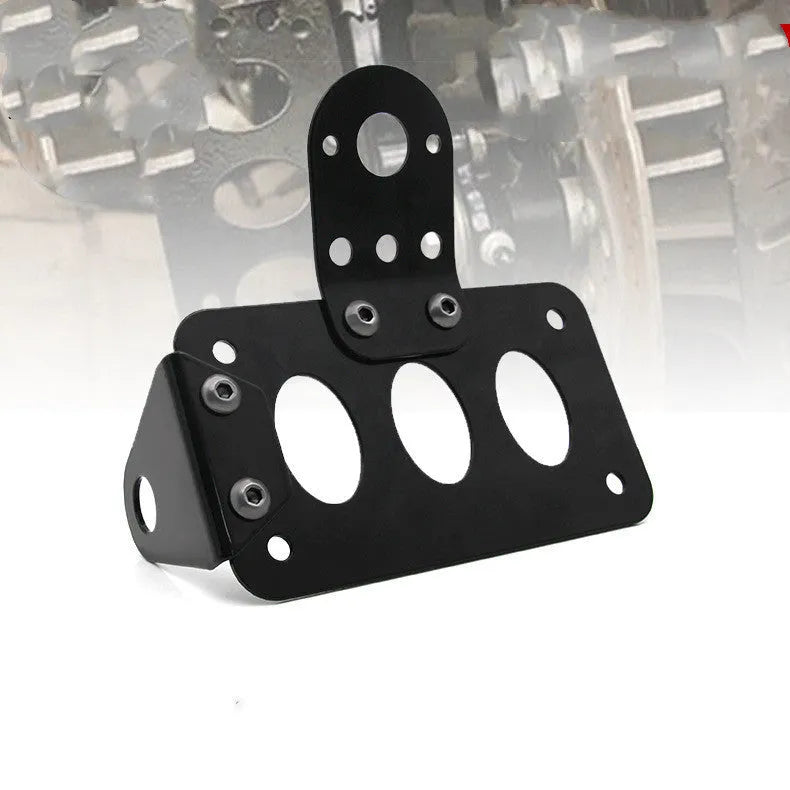 Black aluminium motorcycle taillight with licence plate bracket, seven-fin design, 7x4 inch plate area