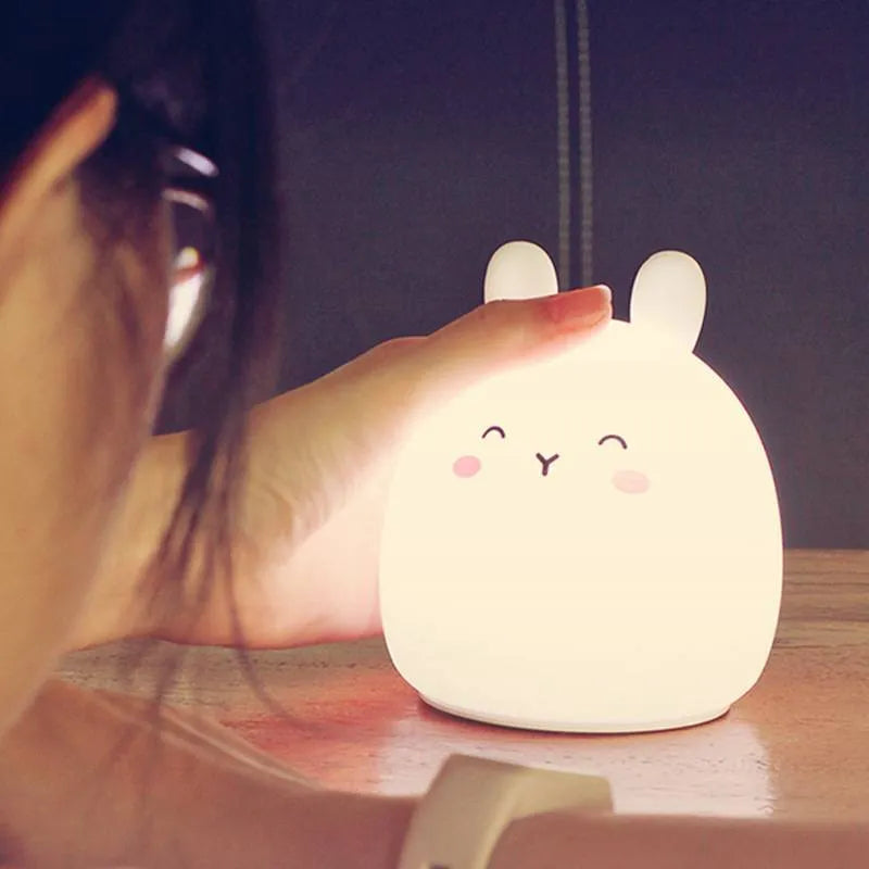 Silicone cute rabbit rechargeable night light with LED and USB power, cartoon style, 102x110mm