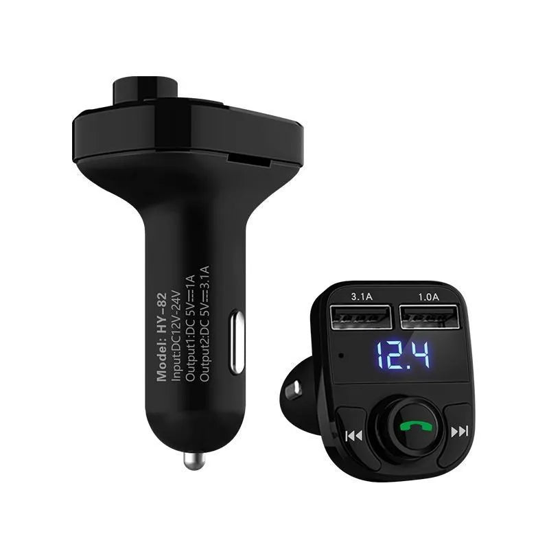 HY82 car Bluetooth FM transmitter with dual USB charging ports for hands-free calls and music streaming