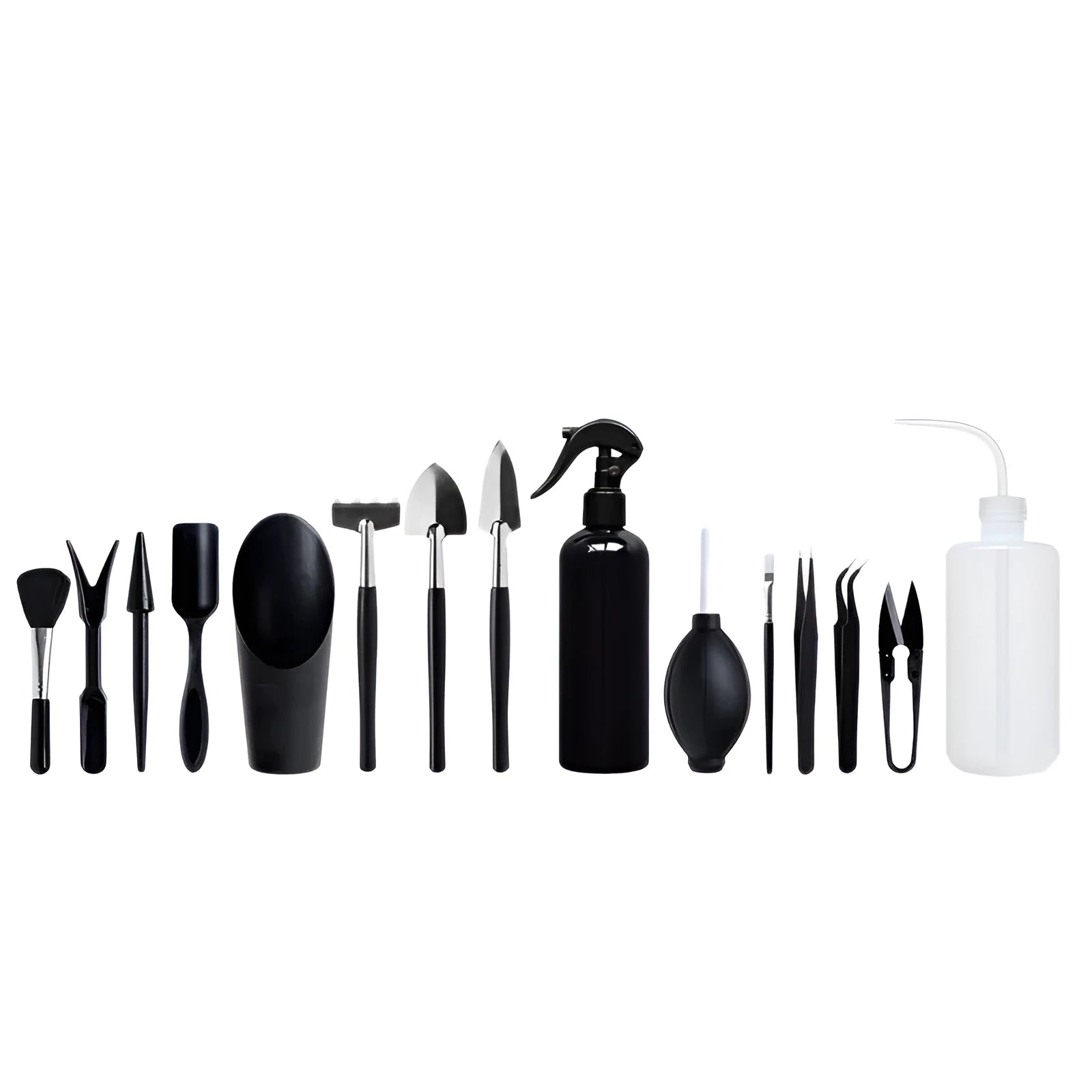 Black succulent plant gardening tool set with 17 miniature tools and 75x75cm cushion