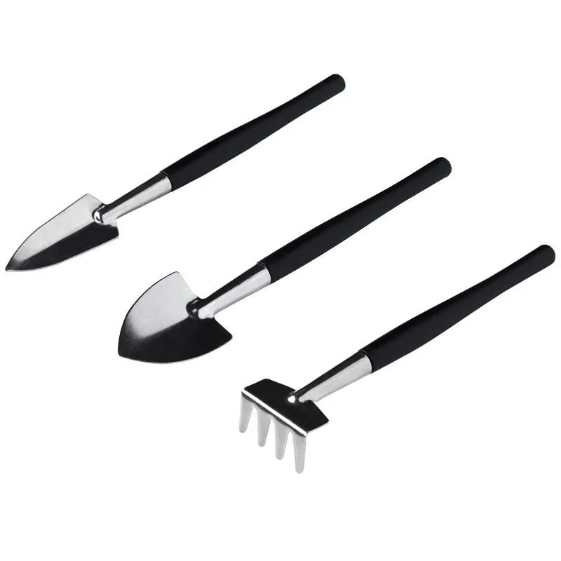 Black succulent plant gardening tool set with 17 miniature tools and 75x75cm cushion