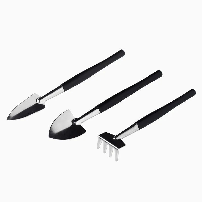 Black succulent plant gardening tool set with 17 miniature tools and 75x75cm cushion