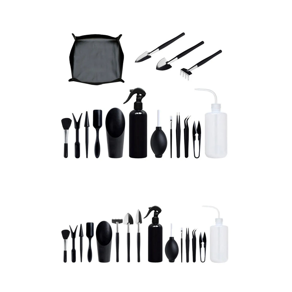 Black succulent plant gardening tool set with 17 miniature tools and 75x75cm cushion