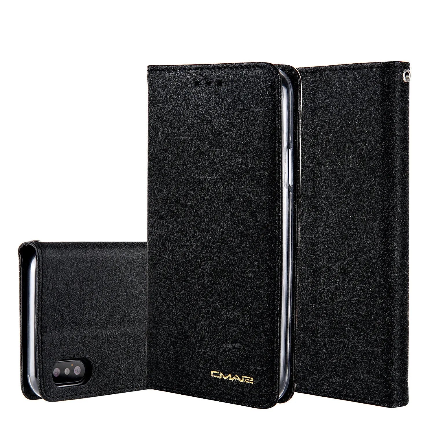 Flip phone case for Apple iPhone with card slot in Black, showing front cover and spine