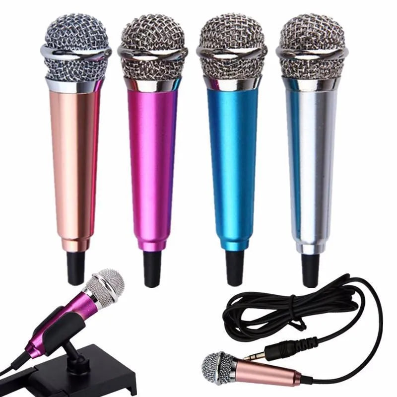 T3 wired condenser microphone with 3.5mm jack in metallic blue, gold, red, and silver colour options.