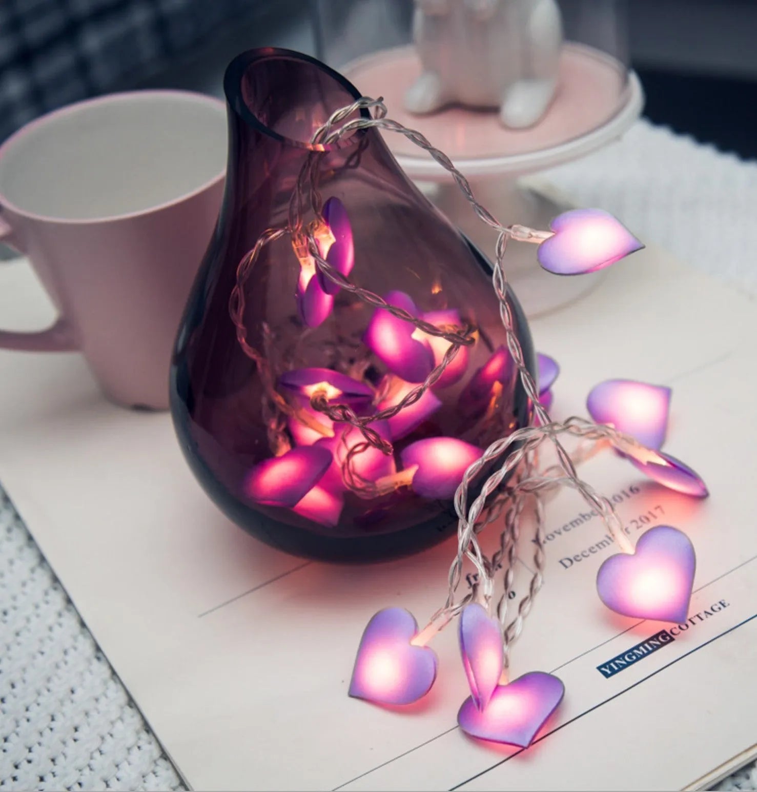 3-metre battery-powered love heart LED fairy string lights in pink and purple for bedroom decoration