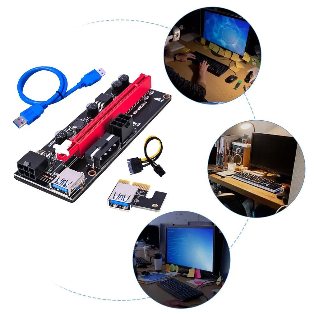 Blue PCI-E 1X to 16X riser adapter cable with 60cm copper core wire on a table