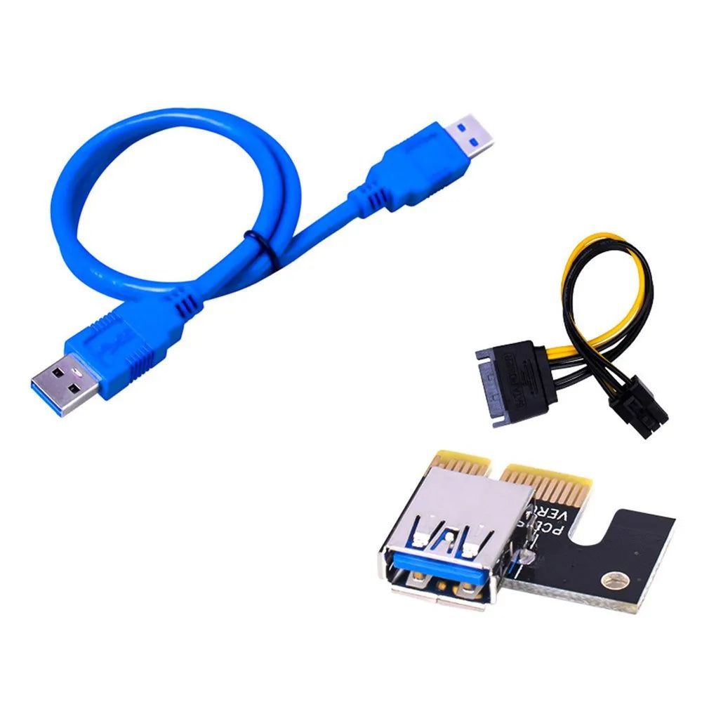 Blue PCI-E 1X to 16X riser adapter cable with 60cm copper core wire on a table