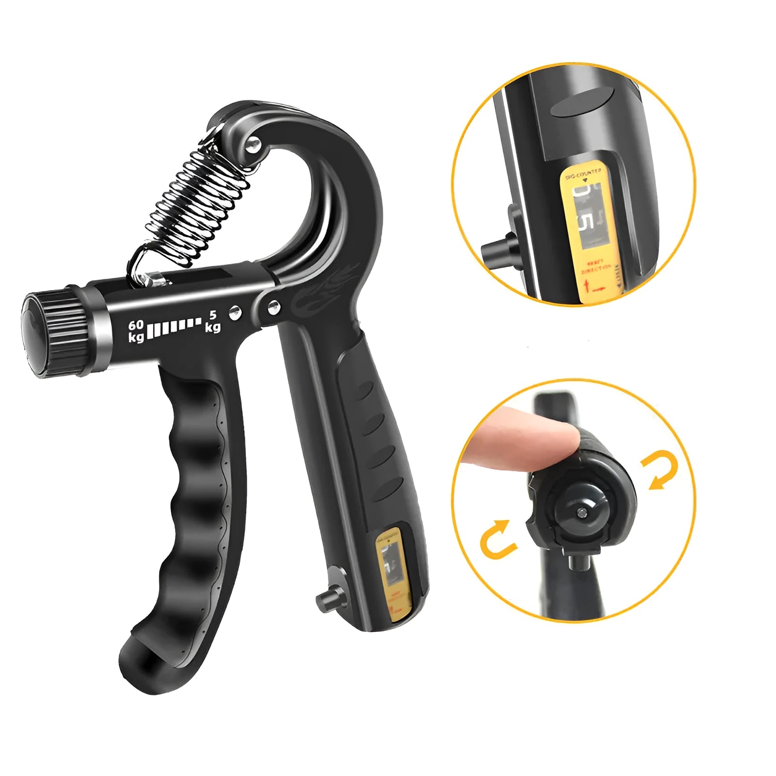 Adjustable counting gripper hand strengthener with PP body and TPR handles, black and red colour, 5-60kg resistance