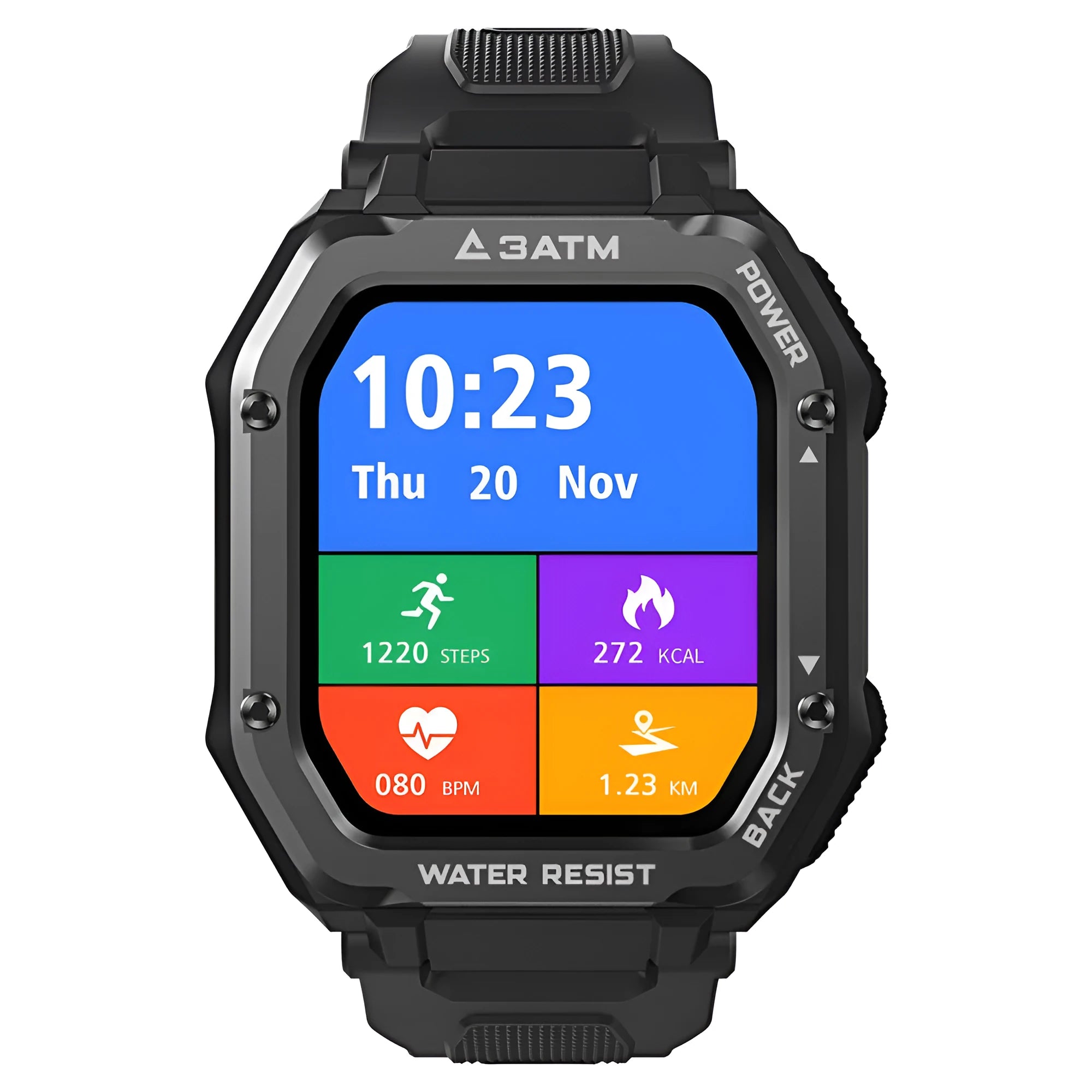 Rugged outdoor smart watch with 1.69-inch screen showing sports tracking display on silicone wristband