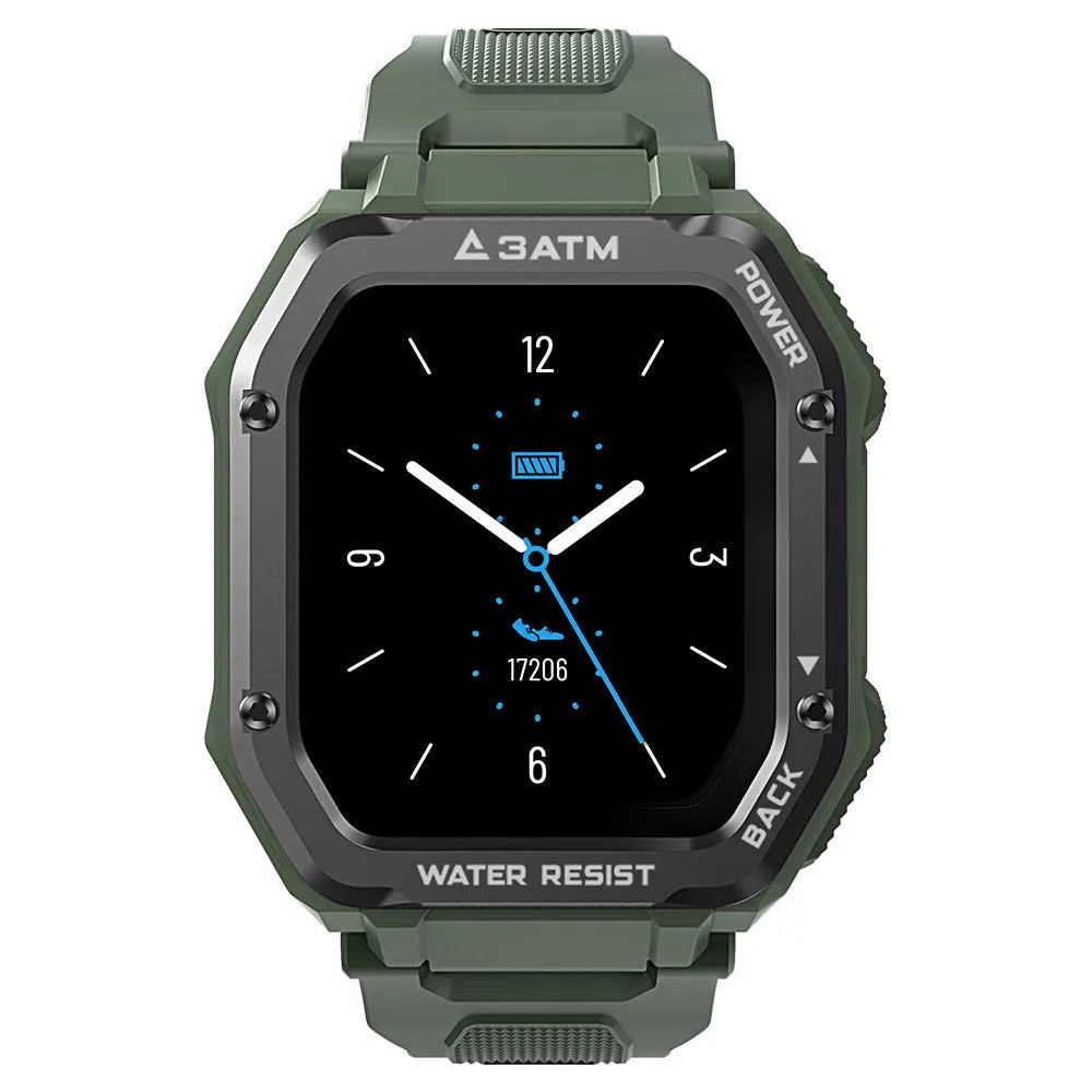 Rugged outdoor smart watch with 1.69-inch screen showing sports tracking display on silicone wristband