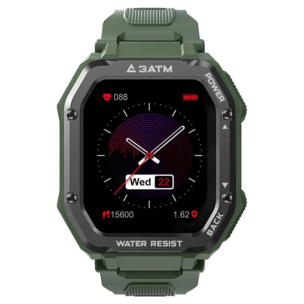 Rugged outdoor smart watch with 1.69-inch screen showing sports tracking display on silicone wristband
