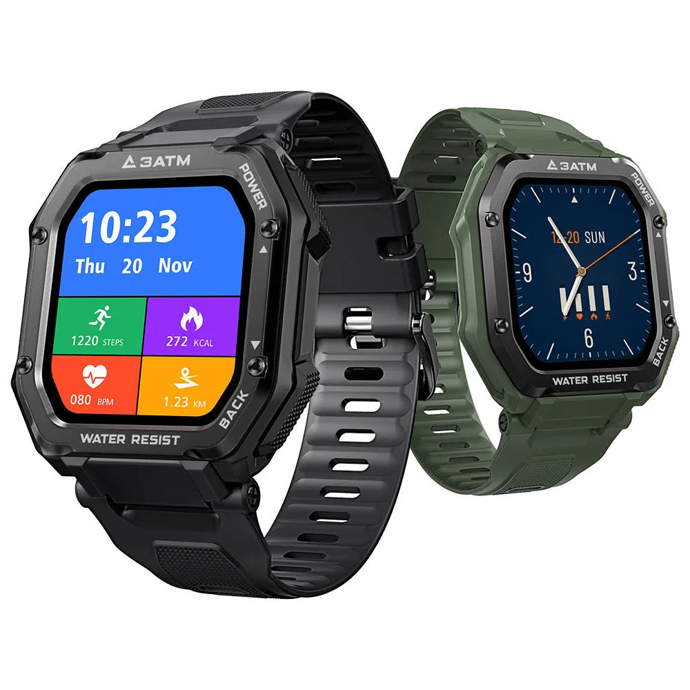 Rugged outdoor smart watch with 1.69-inch screen showing sports tracking display on silicone wristband