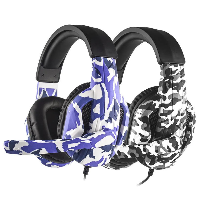 Wired gaming headset in camouflage colour with bare metal finish, 50mm drivers, 3.5mm plug, over-ear design with microphone