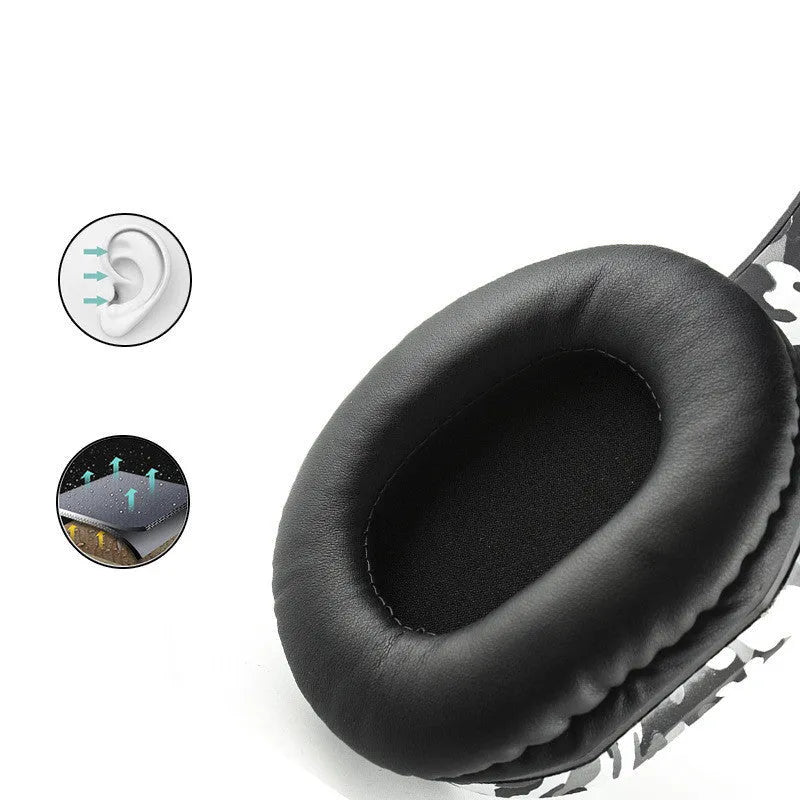 Wired gaming headset in camouflage colour with bare metal finish, 50mm drivers, 3.5mm plug, over-ear design with microphone