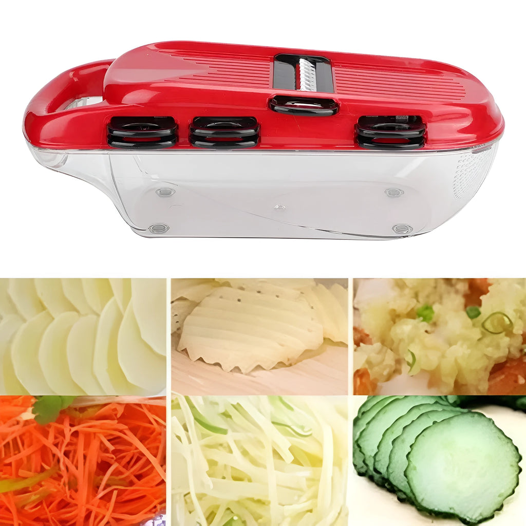 Red multifunctional vegetable cutter set with 7 stainless steel blades and hand guard on a white background