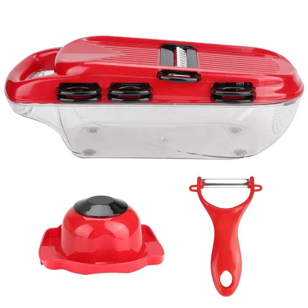 Red multifunctional vegetable cutter set with 7 stainless steel blades and hand guard on a white background