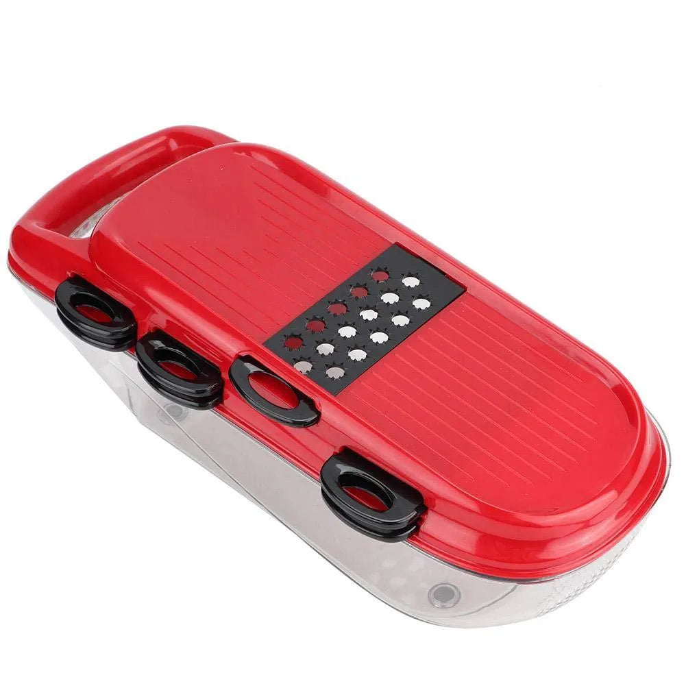 Red multifunctional vegetable cutter set with 7 stainless steel blades and hand guard on a white background