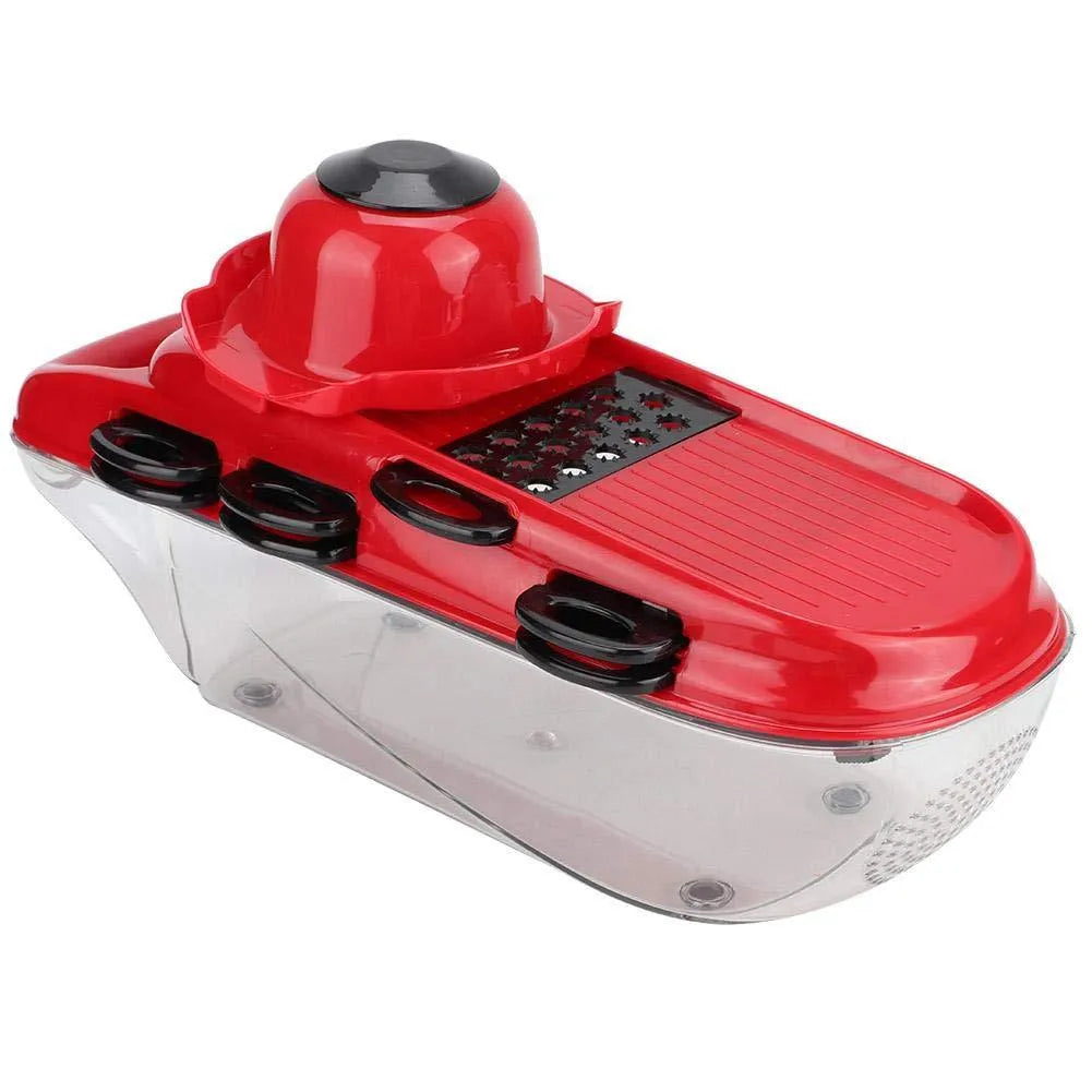 Red multifunctional vegetable cutter set with 7 stainless steel blades and hand guard on a white background