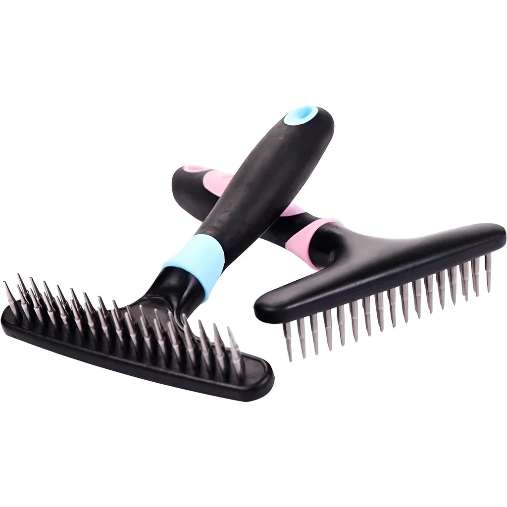 Pet hair removal comb with stainless steel needle in blue and pink colour options for dog grooming