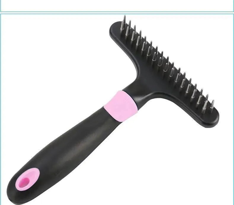 Pet hair removal comb with stainless steel needle in blue and pink colour options for dog grooming