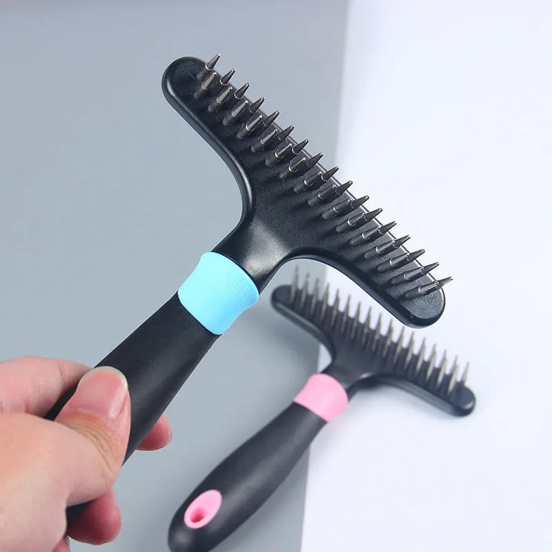 Pet hair removal comb with stainless steel needle in blue and pink colour options for dog grooming