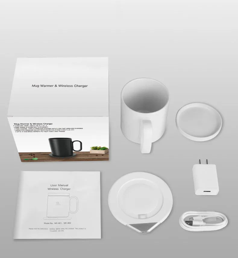 Wireless charging warm coaster in black porcelain with a cup placed on top, showing USB cable