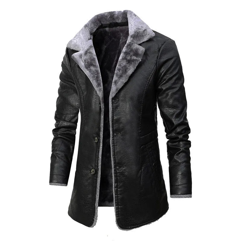 Men's faux leather long coat with lapel collar and plush fleece lining in black