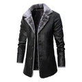 Men's faux leather long coat with lapel collar and plush fleece lining in black