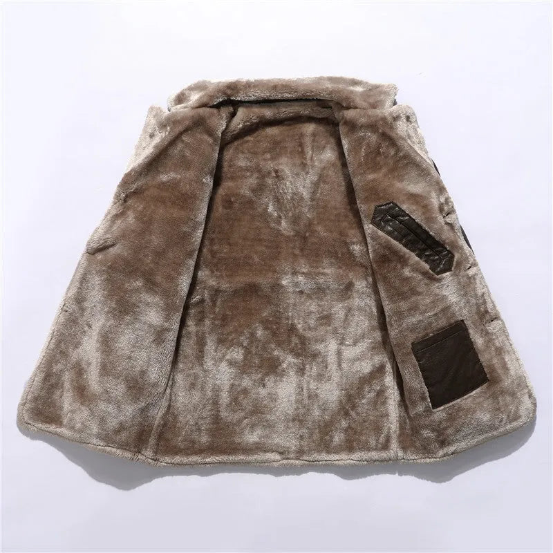 Men's faux leather long coat with lapel collar and plush fleece lining in black