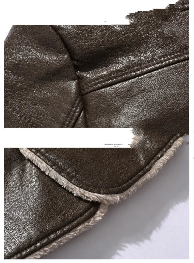 Men's faux leather long coat with lapel collar and plush fleece lining in black