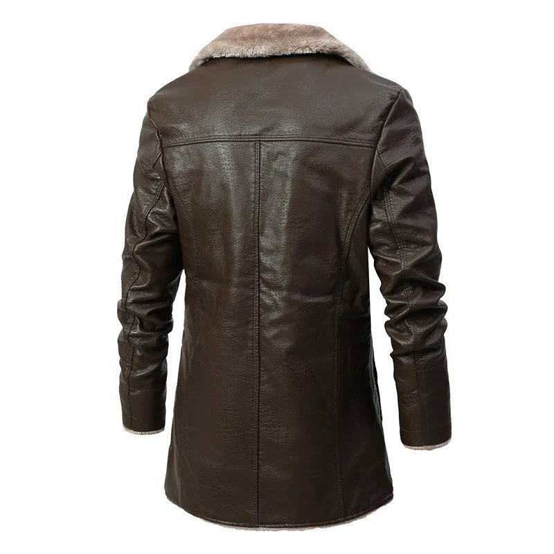 Men's faux leather long coat with lapel collar and plush fleece lining in black