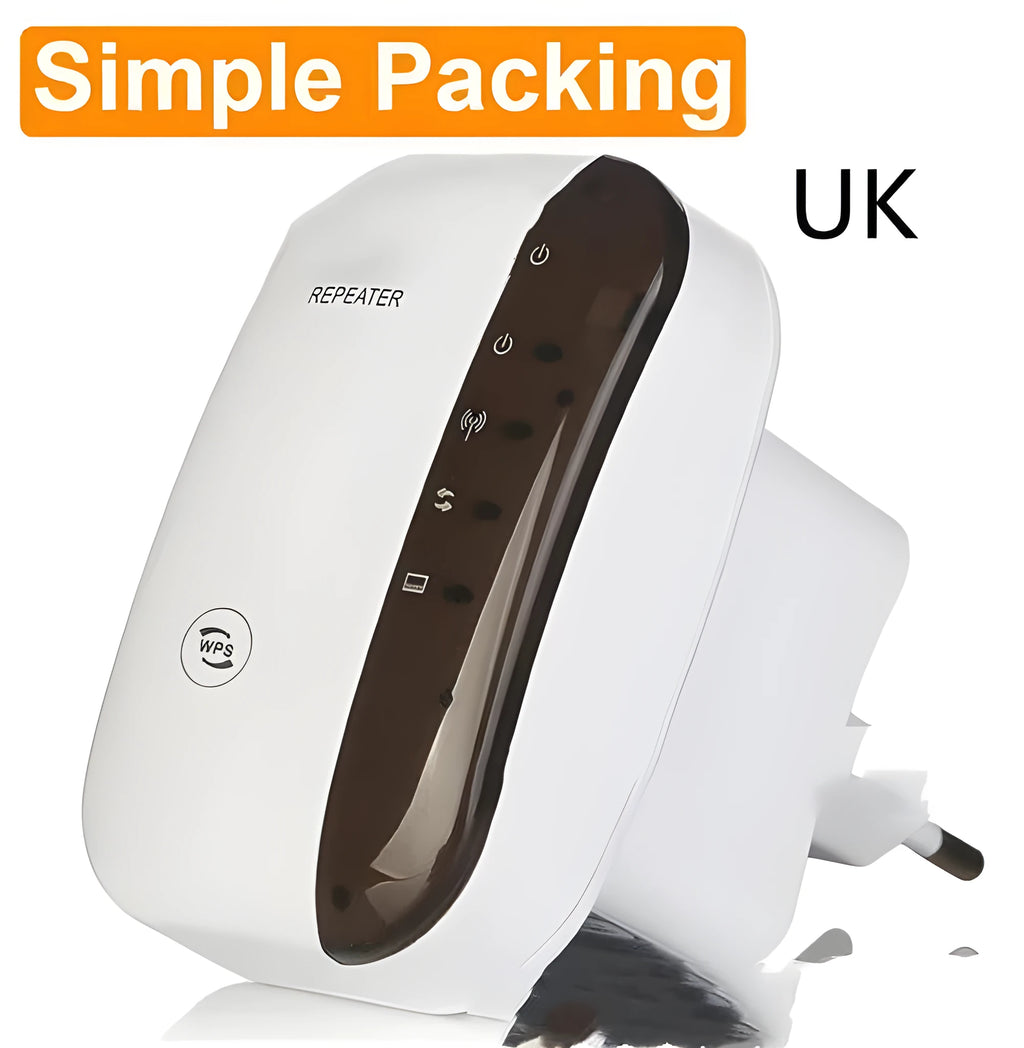 Black and white Wifi repeater with international plugs and a network cable on a desk.