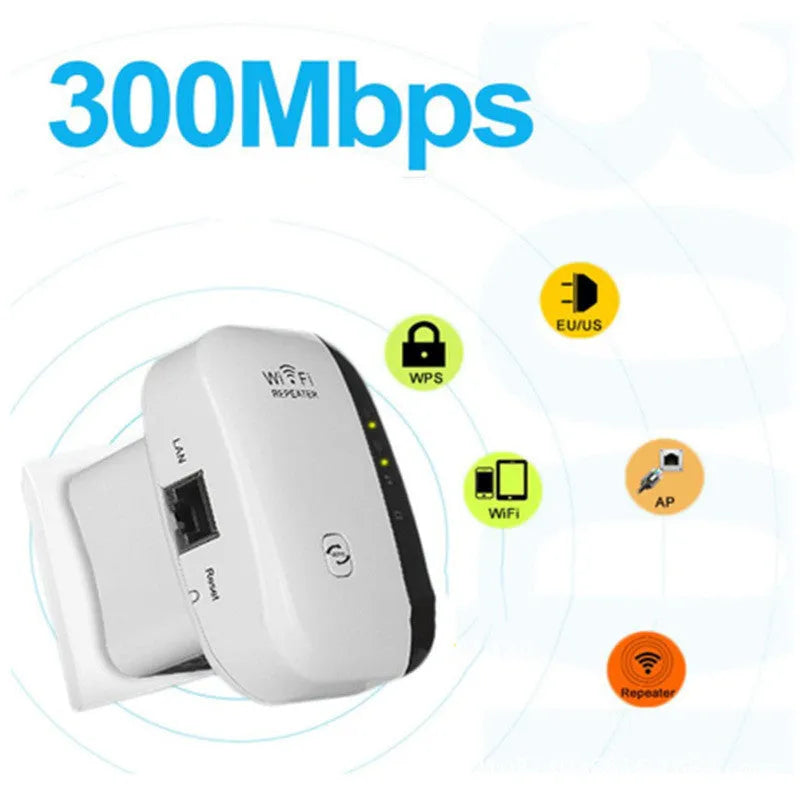 Black and white Wifi repeater with international plugs and a network cable on a desk.