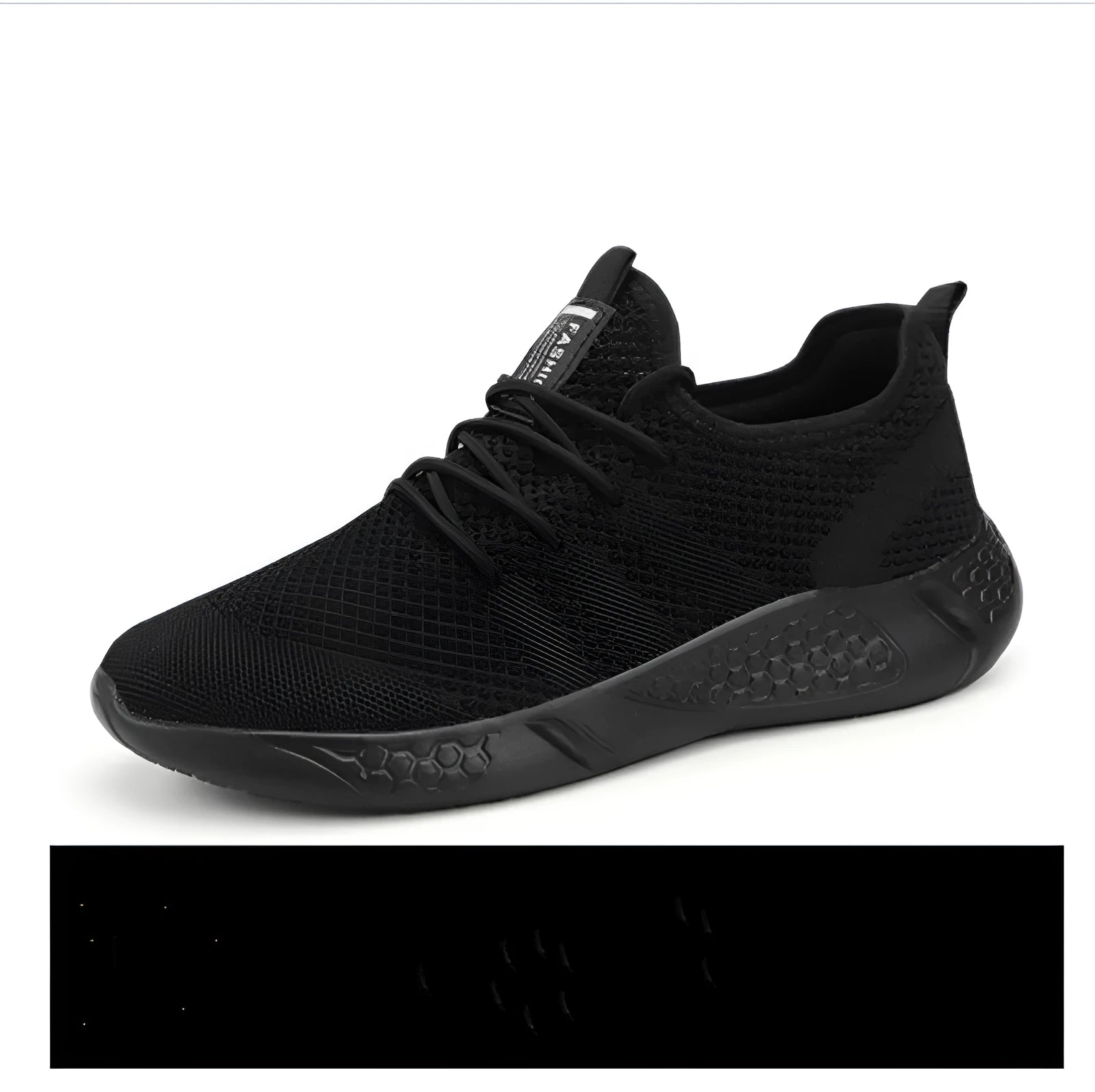 Men's black and white breathable mesh casual jogging sneakers with PVC sole and round toe