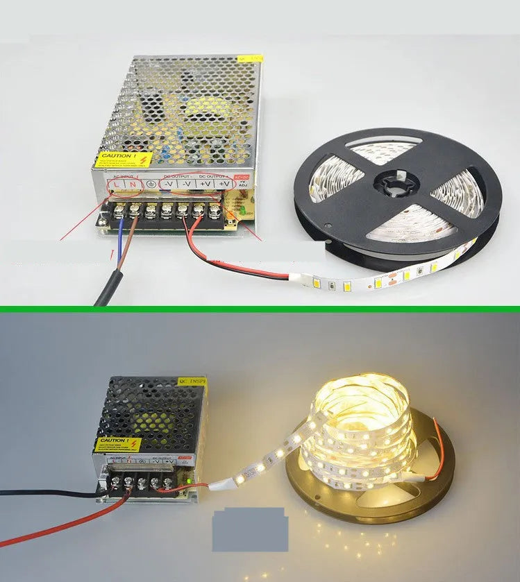 Close-up of a flexible white LED light strip showing dense 2835 or 5050 chips on a rectangular patch-style belt.