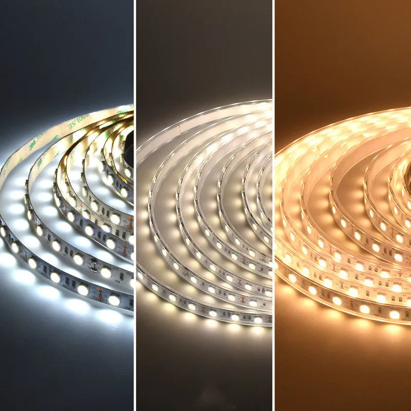Close-up of a flexible white LED light strip showing dense 2835 or 5050 chips on a rectangular patch-style belt.