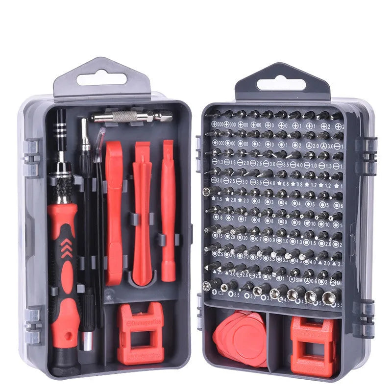 117 in 1 magnetic precision screwdriver set with CR-V bits and flexible extension rod in a compact organiser box.