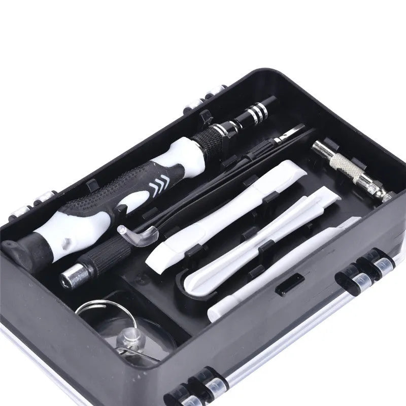 117 in 1 magnetic precision screwdriver set with CR-V bits and flexible extension rod in a compact organiser box.