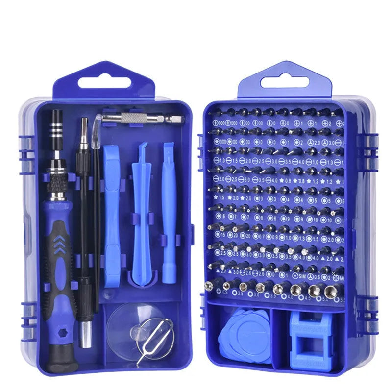 117 in 1 magnetic precision screwdriver set with CR-V bits and flexible extension rod in a compact organiser box.