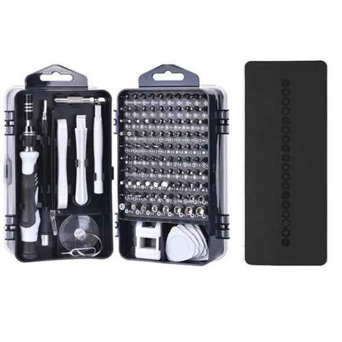 117 in 1 magnetic precision screwdriver set with CR-V bits and flexible extension rod in a compact organiser box.