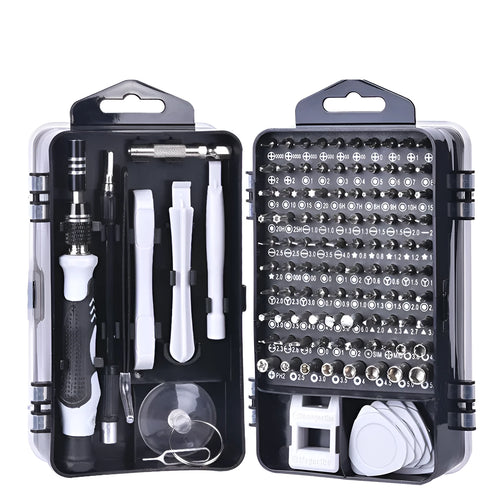 117 in 1 magnetic precision screwdriver set with CR-V bits and flexible extension rod in a compact organiser box.