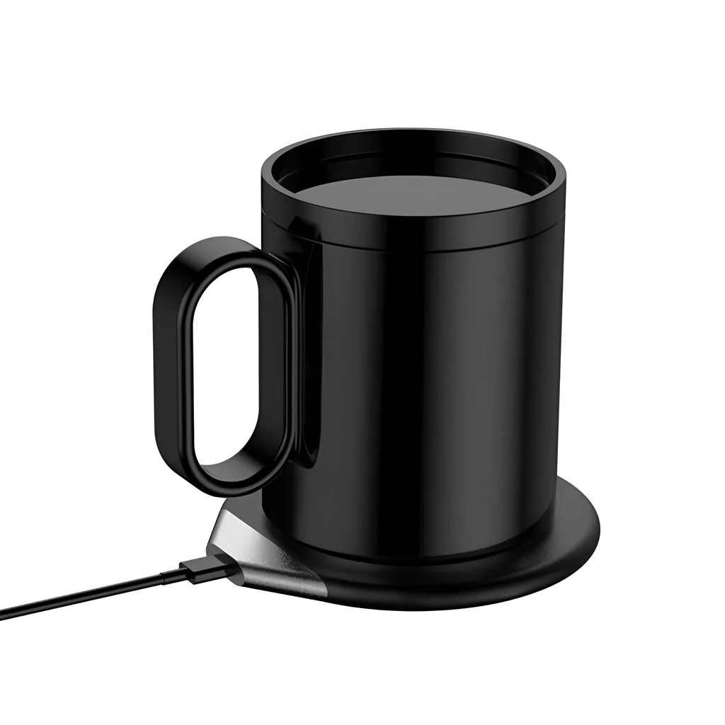 Wireless charging warm coaster in black porcelain with a cup placed on top, showing USB cable